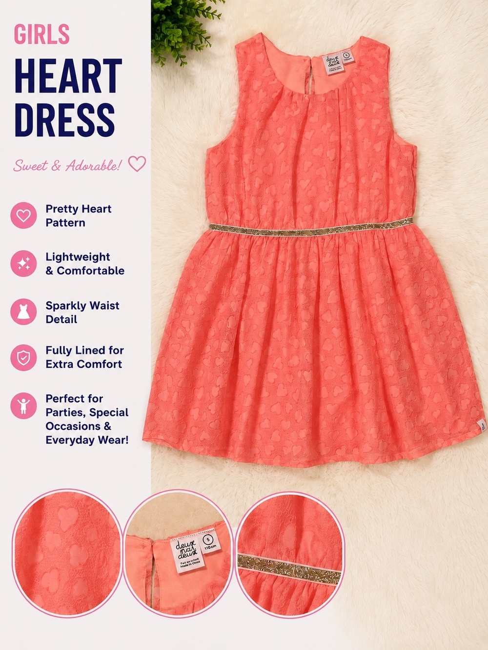 deux par deux Coral Heart Dress with Sparkle Waist